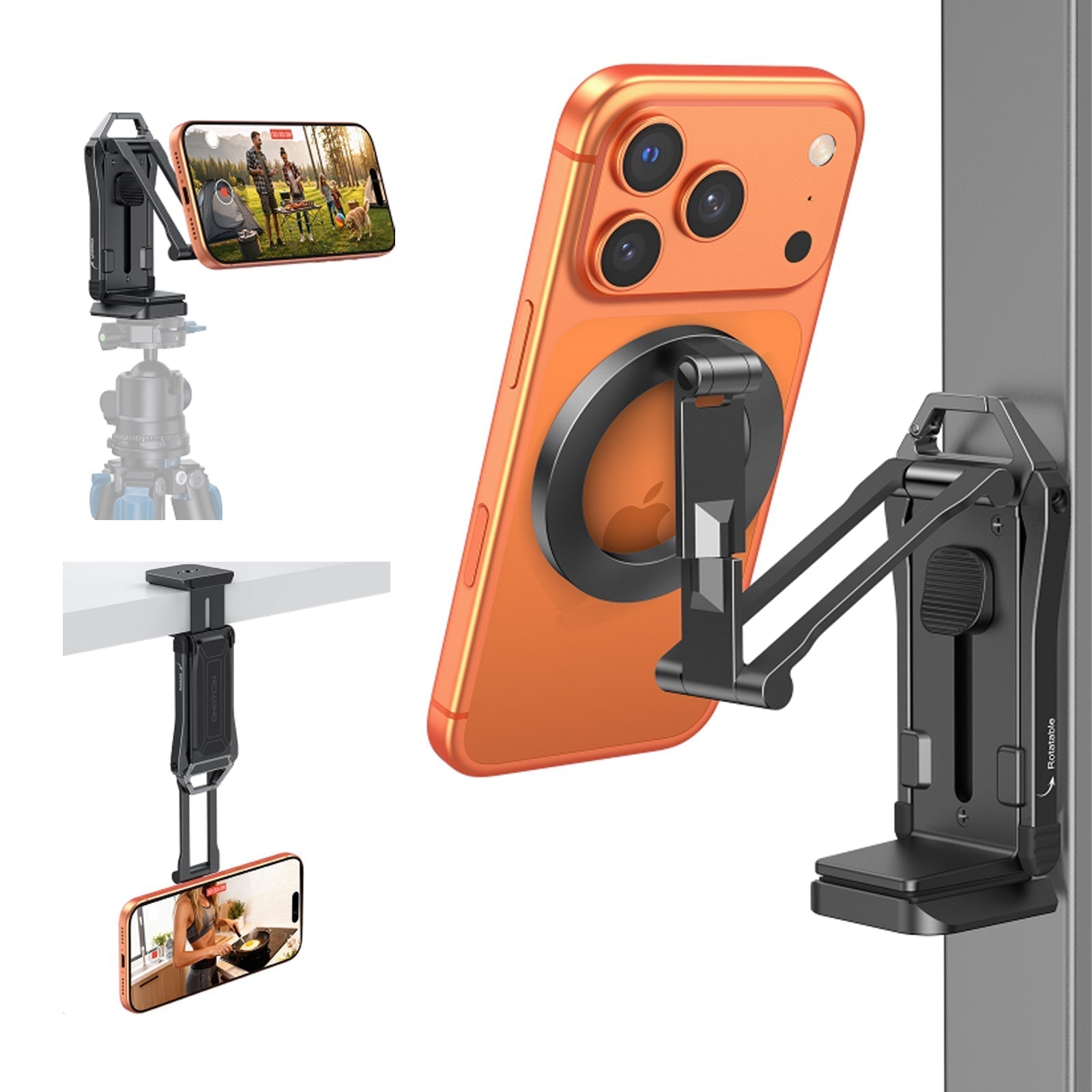 Magnetic Phone Holder for Vlogging, Content Creator Essentials with 1/4" Screw, Arca, Strong Back Magnet for Gym, Adjustable Phone Stand & Selfie Stick