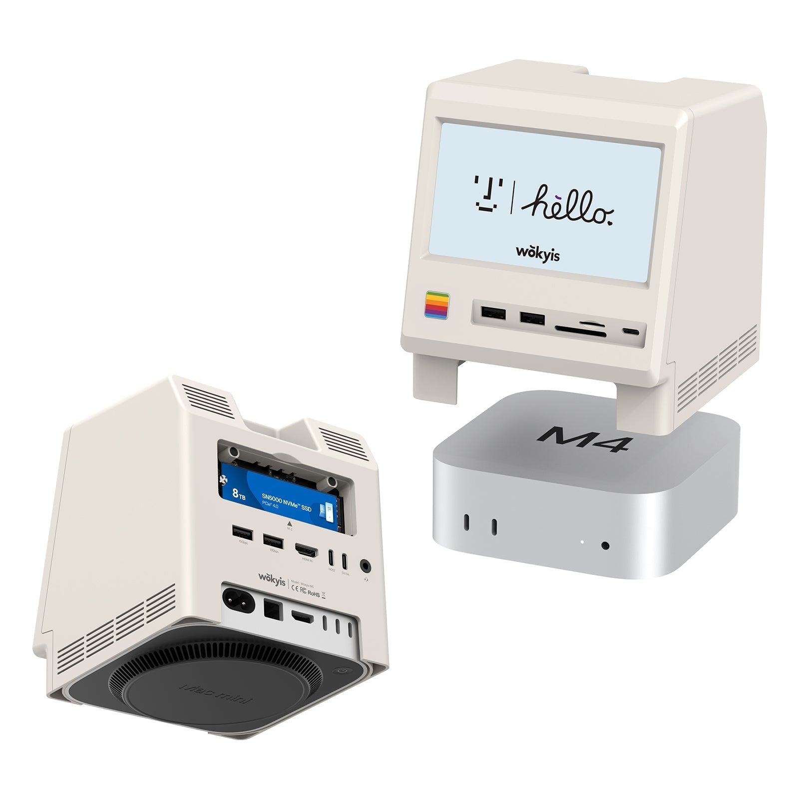 Retro Docking Station for Mac mini M4 with 5-inch Full HD Monitor and 10Gbps/80Gbps M.2 NVMe PCIe SSD Enclosure