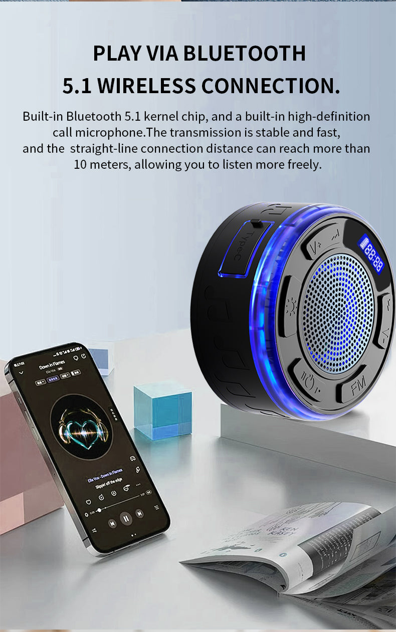 Aquro S3 Ultra – IPX7 Waterproof Shower Speaker with RGB Light & LED Display