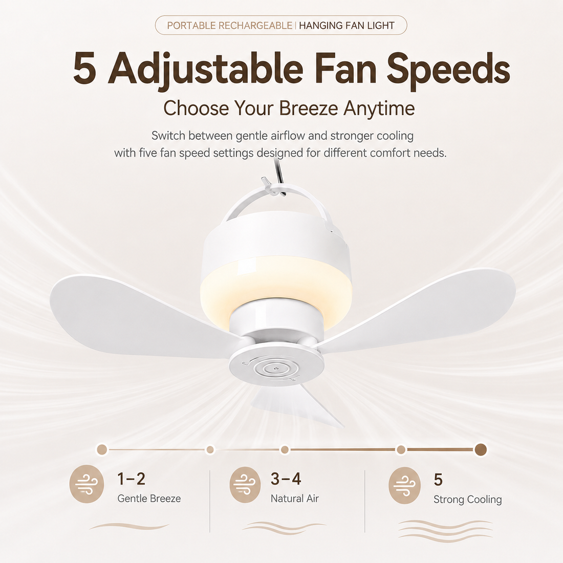 Portable Rechargeable Hanging Fan Light for Indoor & Outdoor Use