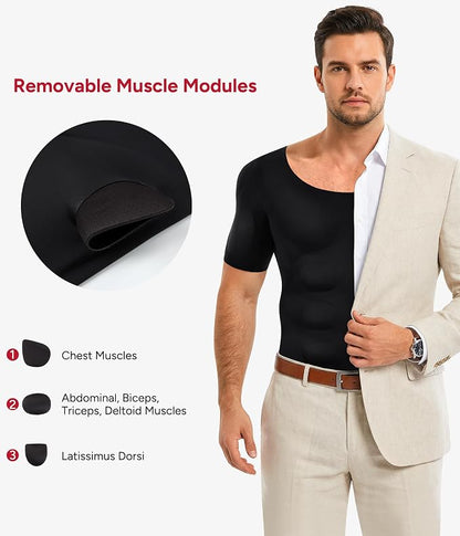 Men’s Padded Muscle Shirt, Chest & Abs Shaper Compression Undershirt
