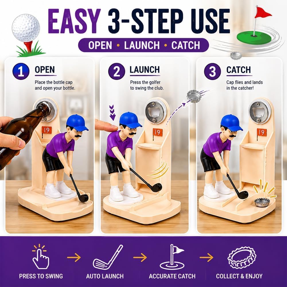 Golfer Bottle Opener with Cap Catcher, Funny Golf Gift for Beer Lovers