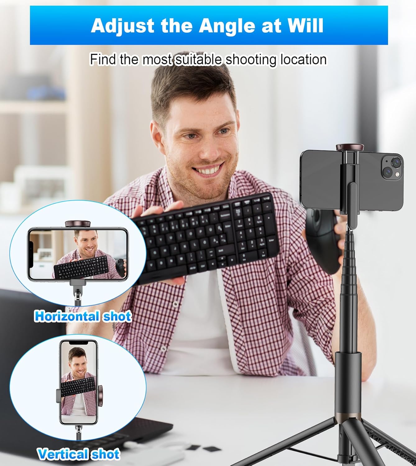 67" Cell Phone Selfie Stick Tripod,Smartphone Stand All-in-1 with Integrated Wireless Remote,Portable,Lightweight,Extendable for iPhone/Android(Black)