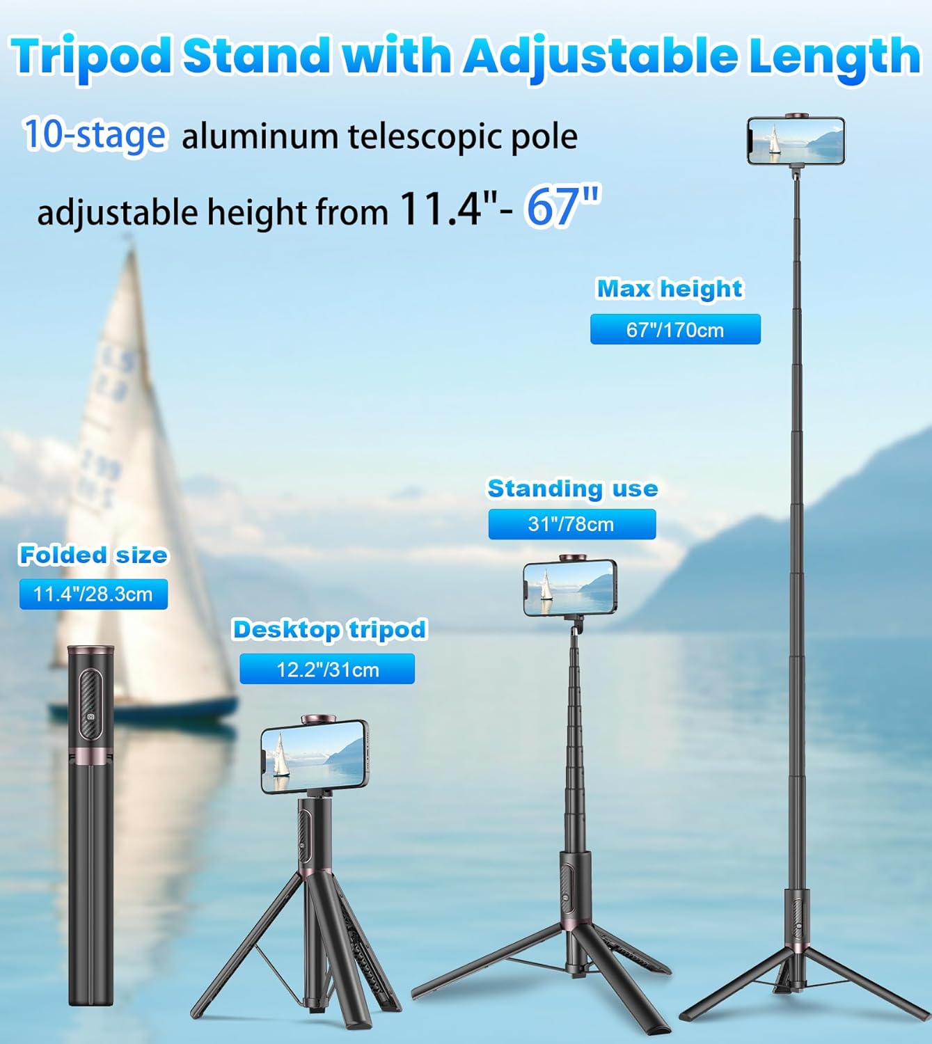 67" Cell Phone Selfie Stick Tripod,Smartphone Stand All-in-1 with Integrated Wireless Remote,Portable,Lightweight,Extendable for iPhone/Android(Black)