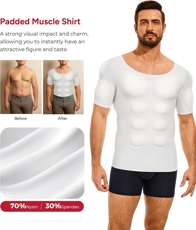 Men’s Padded Muscle Shirt, Chest & Abs Shaper Compression Undershirt