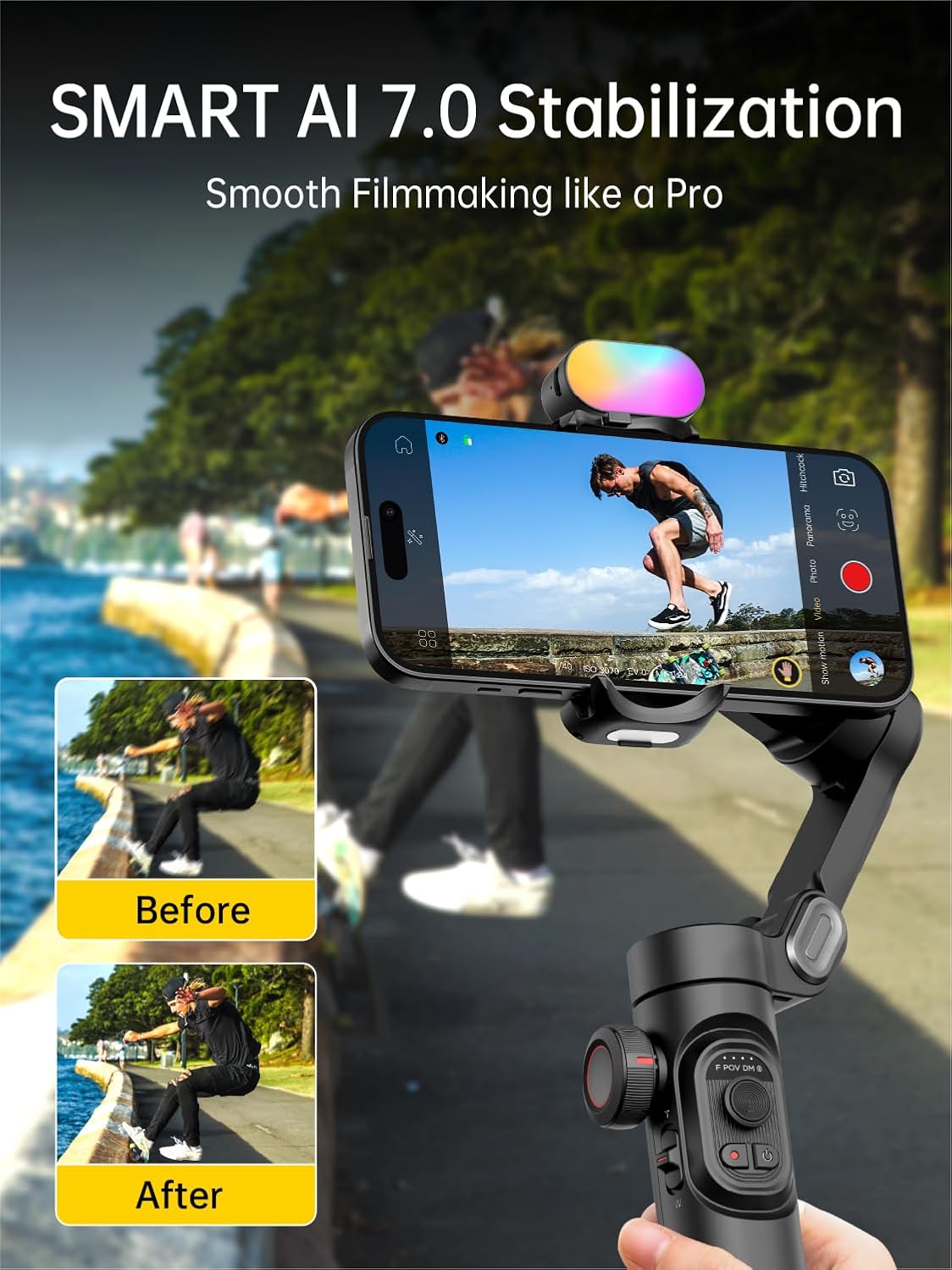 AOCHUAN Smart XE – 3-Axis Foldable Smartphone Gimbal with Gesture Control, Joystick, and AI Face Tracking