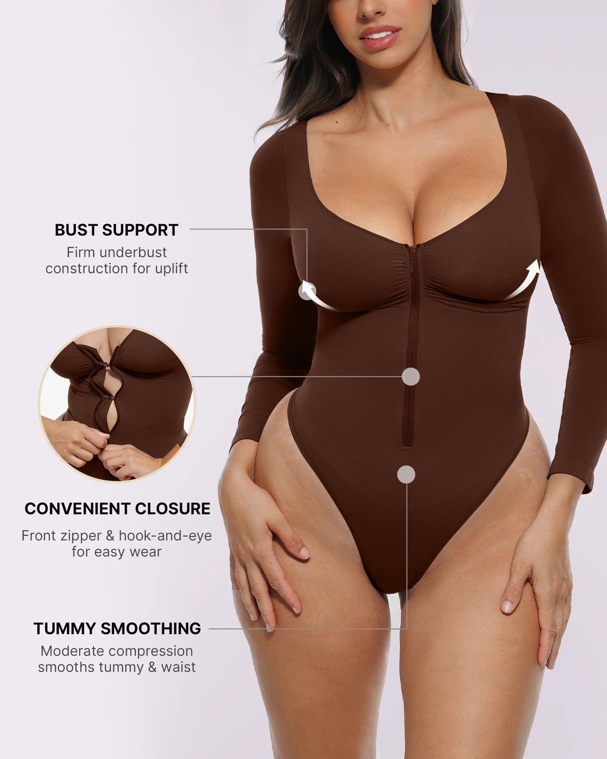 Bare Essentials™ Skin Flow Long Sleeve Zipper Front Thong Bodysuit