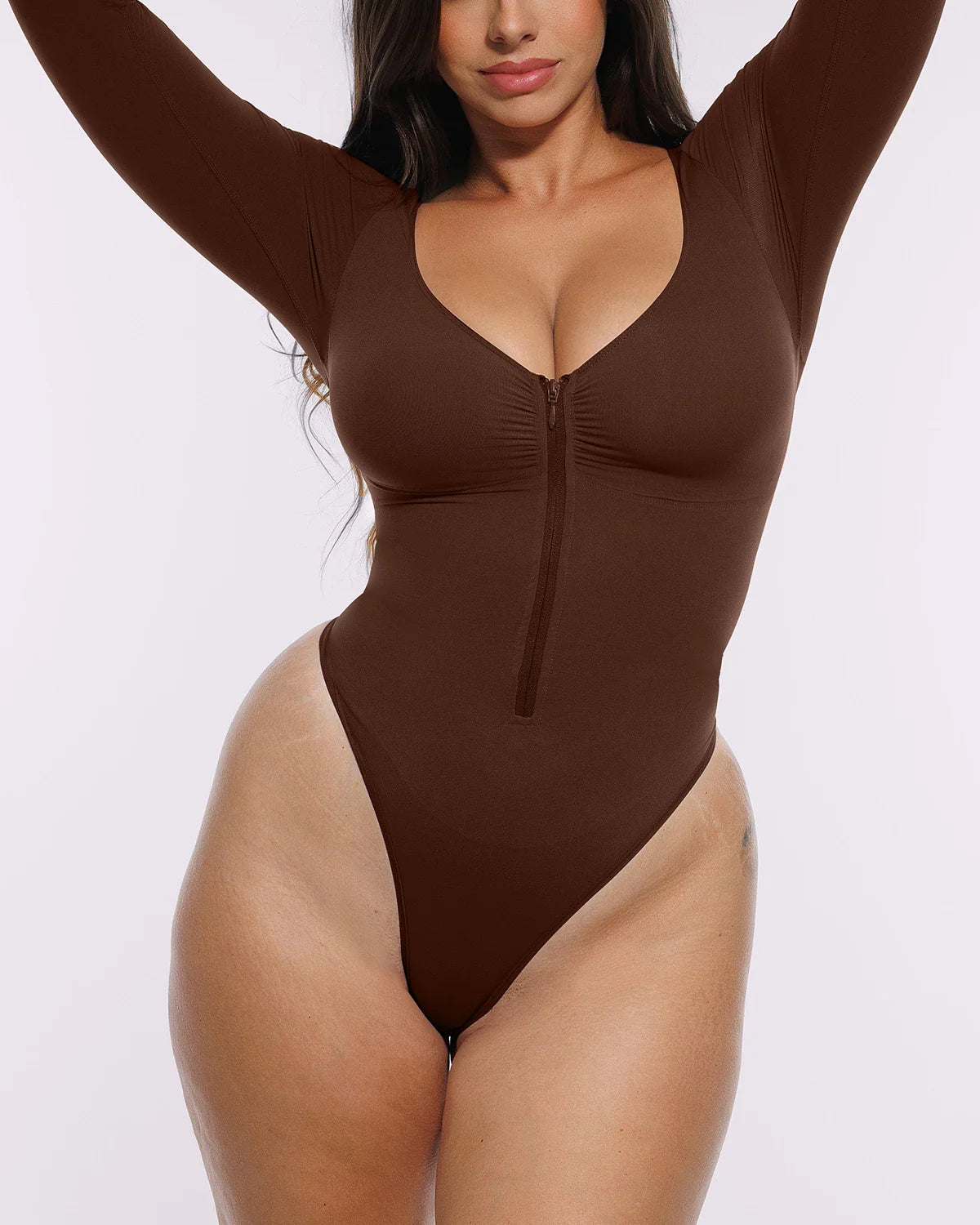 Bare Essentials™ Skin Flow Long Sleeve Zipper Front Thong Bodysuit
