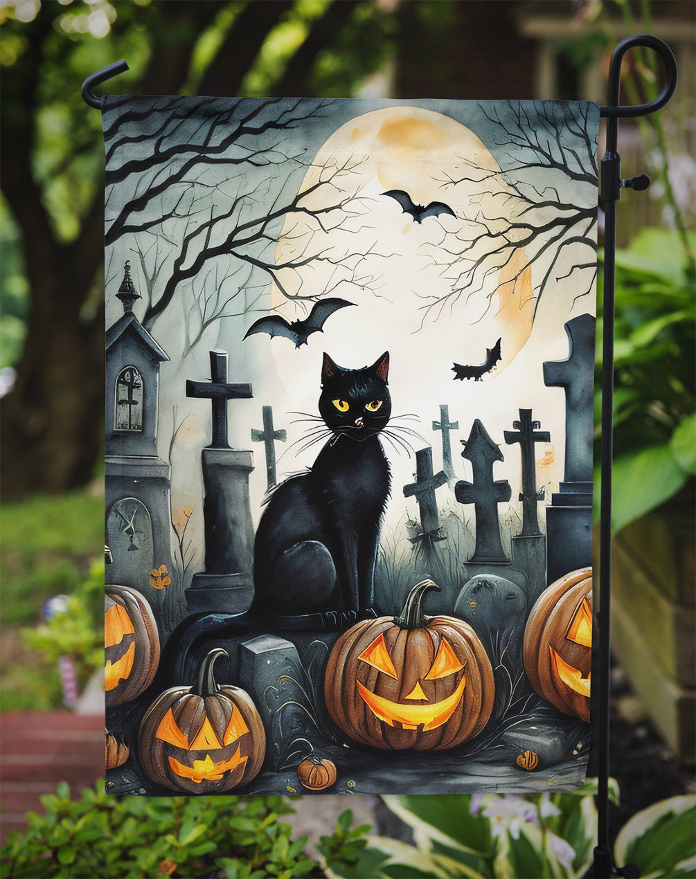 Black Cat Spooky Halloween Garden Flag-2