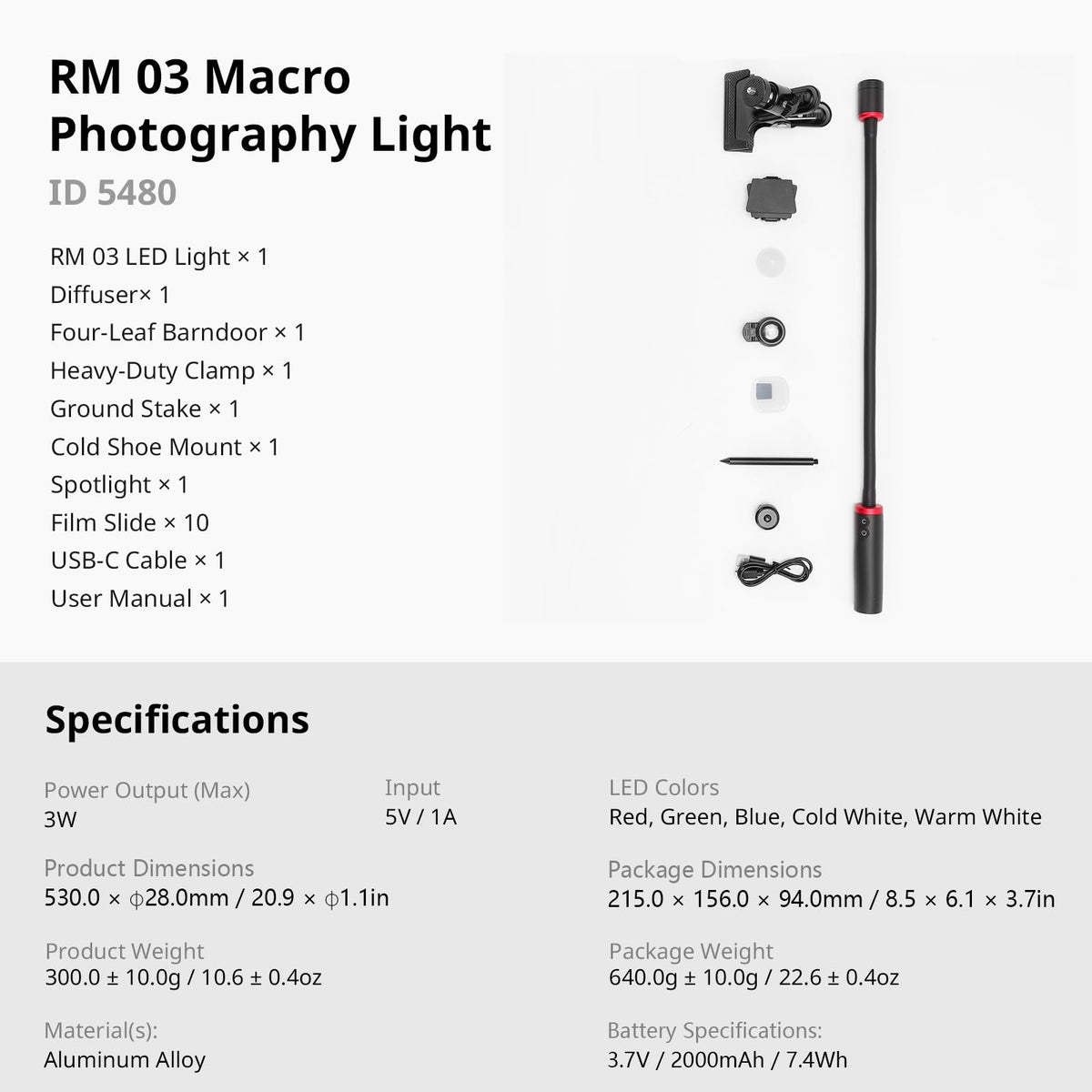 RM 03 Macro Photo LED Light for Mushrooms and Miniatures, 5 Colors CRI95, Flexible Arm, Diffuser