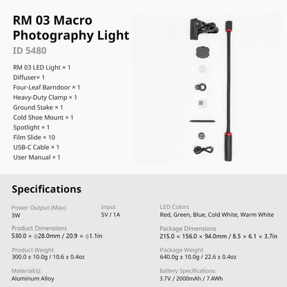 RM 03 Macro Photo LED Light for Mushrooms and Miniatures, 5 Colors CRI95, Flexible Arm, Diffuser