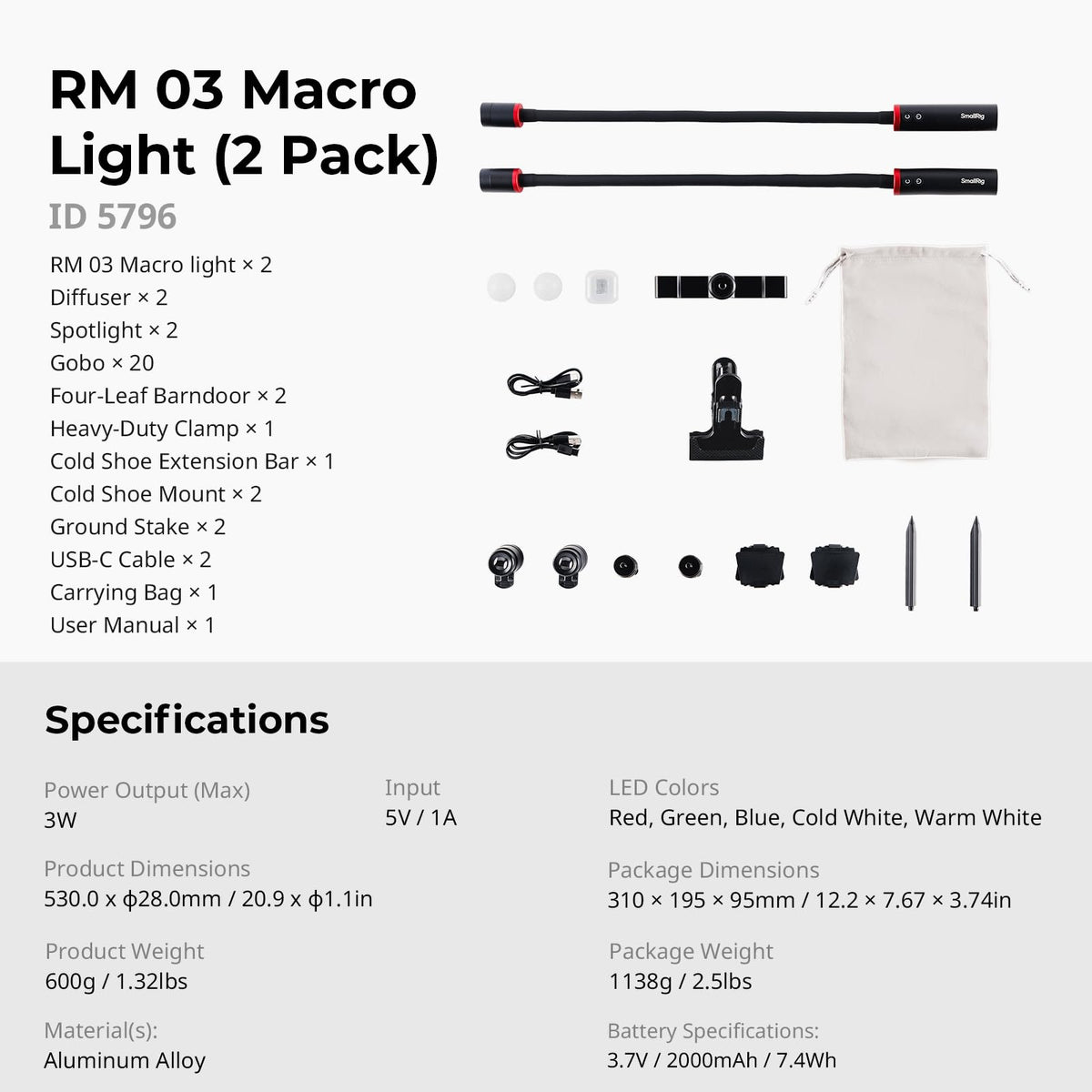 RM 03 Macro Photo LED Light for Mushrooms and Miniatures, 5 Colors CRI95, Flexible Arm, Diffuser
