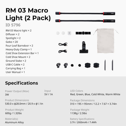 RM 03 Macro Photo LED Light for Mushrooms and Miniatures, 5 Colors CRI95, Flexible Arm, Diffuser