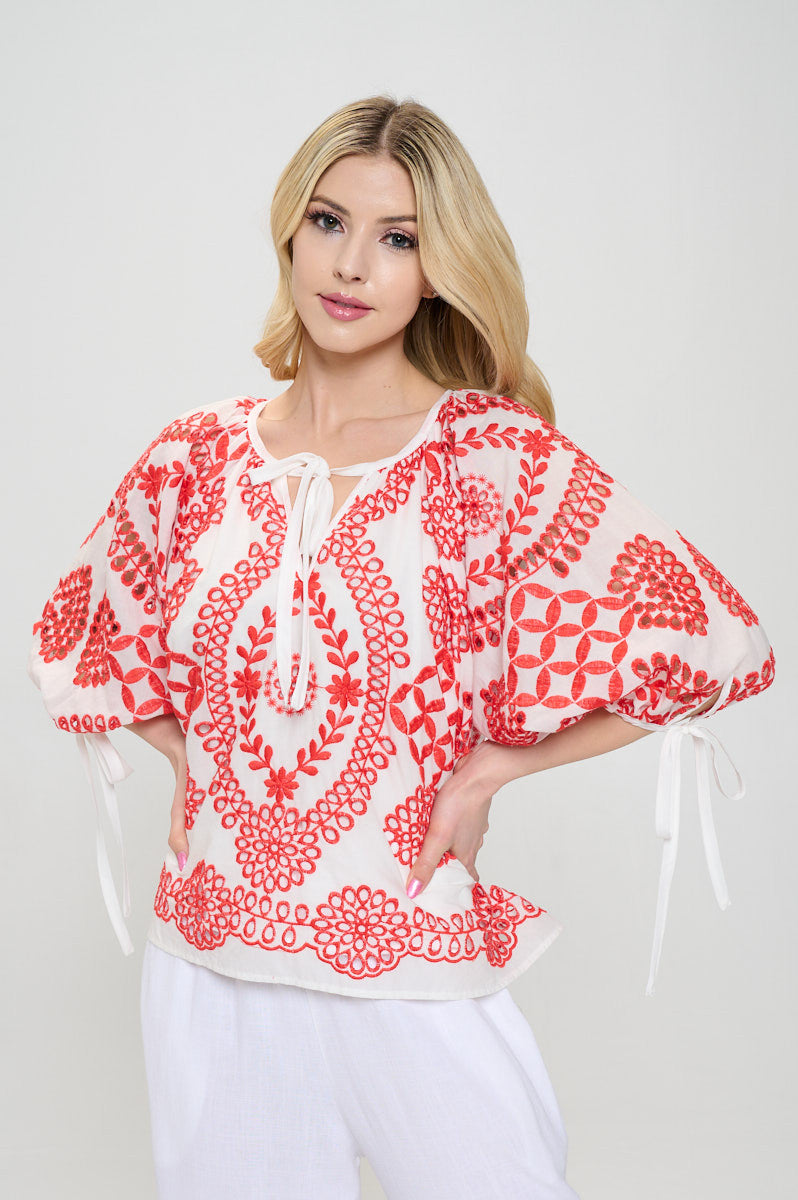 Embroidered Cotton V neck Half Puff Sleeve Top with Tie-0