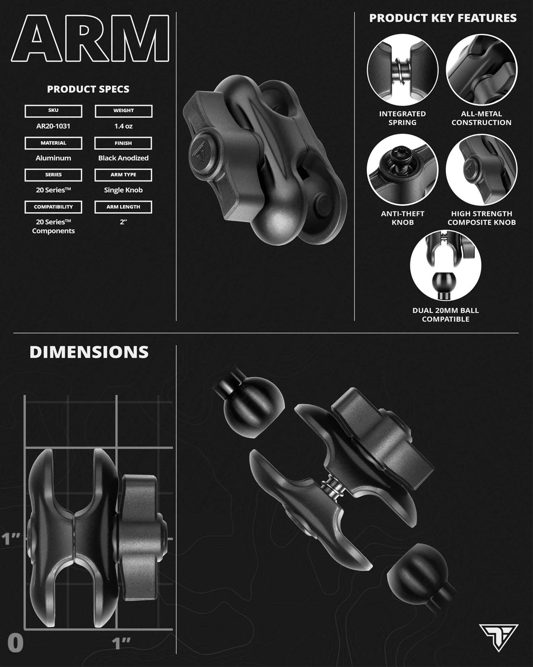 BLACK 20 SERIES 2" LONG SINGLE ANTI-THEFT KNOB ARM-0